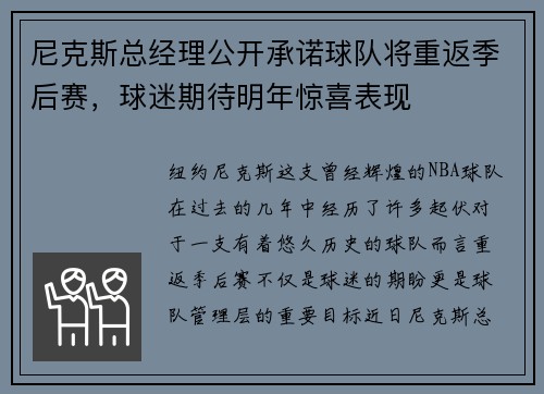 尼克斯总经理公开承诺球队将重返季后赛，球迷期待明年惊喜表现