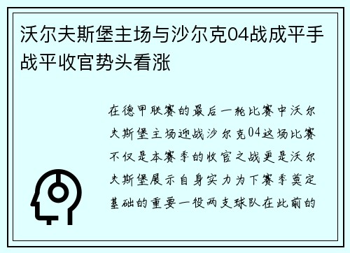 沃尔夫斯堡主场与沙尔克04战成平手战平收官势头看涨